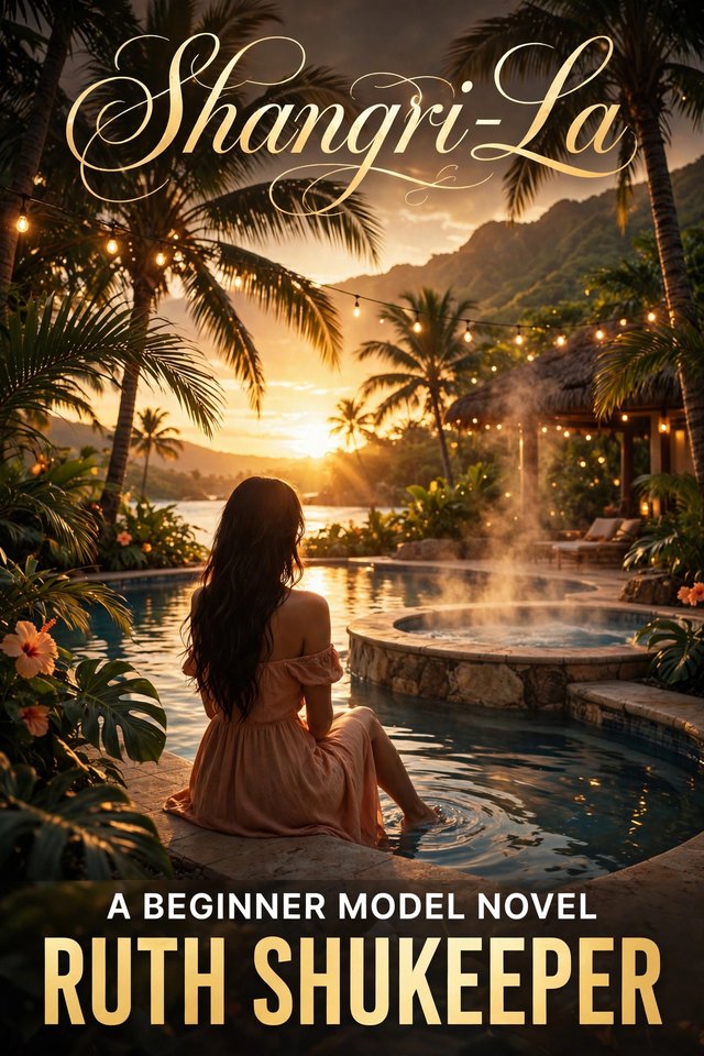 Shangri-La — Book Two cover: a woman at the edge of a tropical pool at sunset